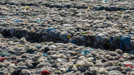 Vast plastic waste landfill highlighting environmental pollution and waste management challenges.の素材