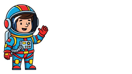 Cheerful cartoon astronaut waving in colorful spacesuit illustration.の素材