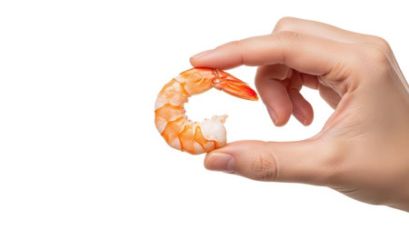 Hand holding cooked shrimp on white background.の素材