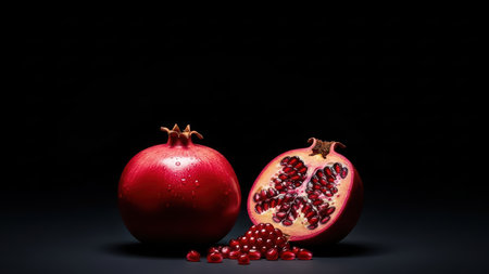 Whole and halved pomegranate with seeds on dark background.の素材