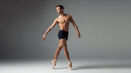 Male ballet dancer in black shorts performing on pointe.の素材