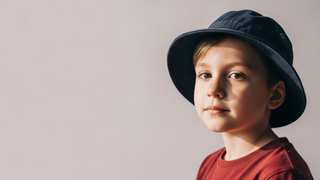 Caucasian young boy in blue hat and red shirt against neutral background.の素材