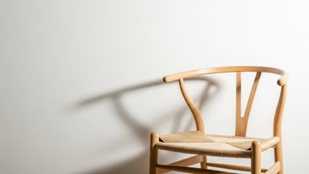 Minimalist wooden chair casting shadow against white wall.の素材
