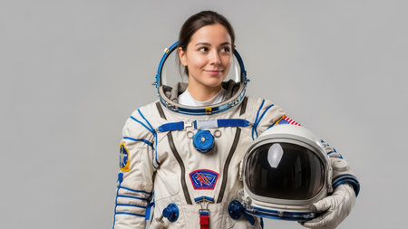 Young hispanic female astronaut in spacesuit holding helmet.の素材