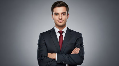 Confident young caucasian male in business suit with arms crossed.の素材