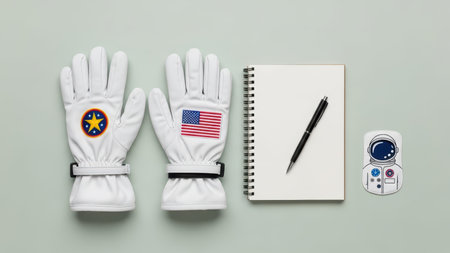 Space exploration concept with astronaut gloves, flag, notebook, and pen on green background.の素材
