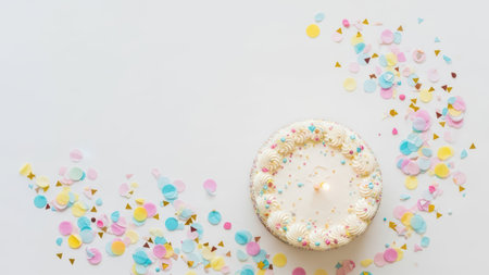 Celebration cake with candle and colorful confetti on white background.の素材