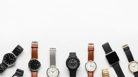 Diverse collection of modern wristwatches on display against a white background.の素材