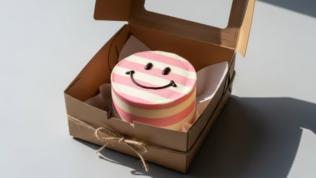 Striped smile cake in eco-friendly box with sunlit design.の素材