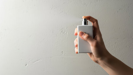 Caucasian hand spraying perfume with minimalist white bottle against plain wall.の素材