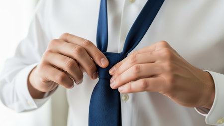Young caucasian male adjusting blue tie on white shirt.の素材