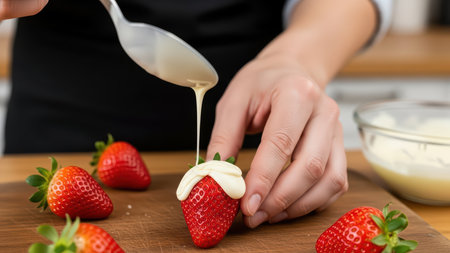 Delicious strawberries with creamy white sauce.の素材