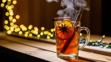 Steaming mulled cider with orange and cinnamon on a festive table.の素材
