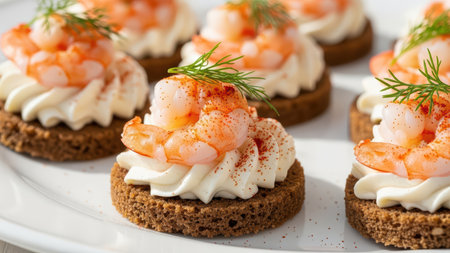 Delicious shrimp appetizers with cream cheese and dill on brown bread.の素材
