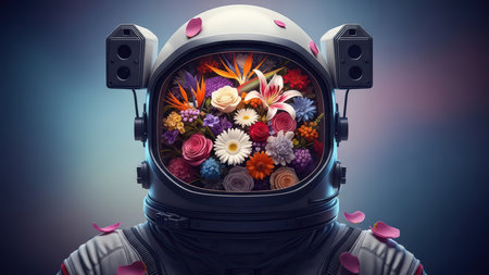 Astronaut helmet filled with vibrant flowers and falling petals.の素材