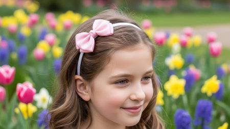 Caucasian young girl with pink bow headband in colorful flower garden.の素材