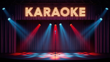 Empty stage with microphone under colorful spotlights at karaoke venue.の素材