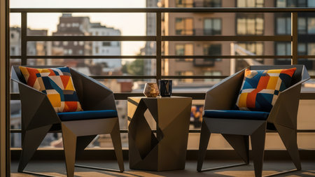 Modern balcony with geometric chairs and colorful cushions overlooking cityscape at sunset.の素材