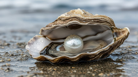 Open oyster shell with stunning pearl on beach sand.の素材