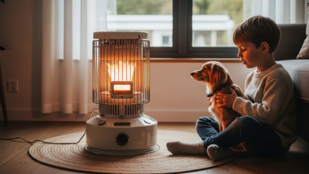 Young caucasian boy with dog sitting by indoor heater in cozy living room.の素材