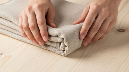 Hands folding beige fabric on wooden table: close-up view of neatly organized textiles.の素材