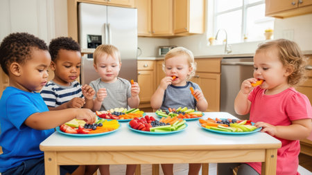 Diverse group of young children eating healthy snacks at kitchen table.の素材