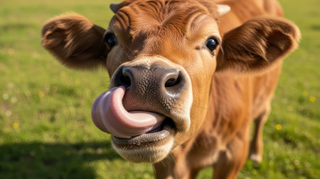 Close-up of brown calf licking nose on a sunny day in green pasture.の素材