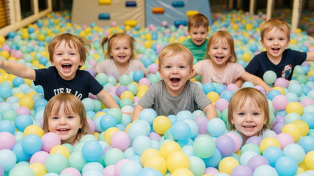 Happy caucasian children playing in colorful ball pit at indoor playground.の素材