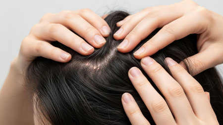 Young asian female examines scalp for skin condition with hands.の素材