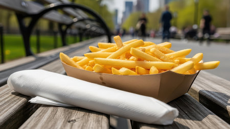 Crispy golden french fries in carton on park bench outdoors.の素材