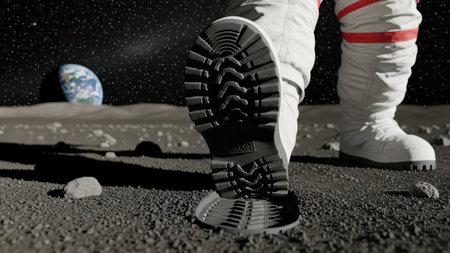 Astronaut boot on moon surface with earth in background.の素材