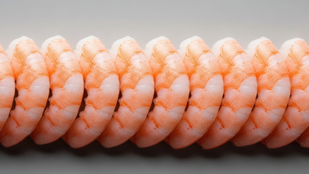 Row of fresh orange and white shrimp pattern on gray surface.の素材