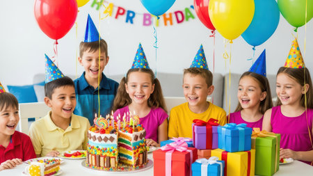 Happy birthday party with kids celebrating with cake and gifts.の素材