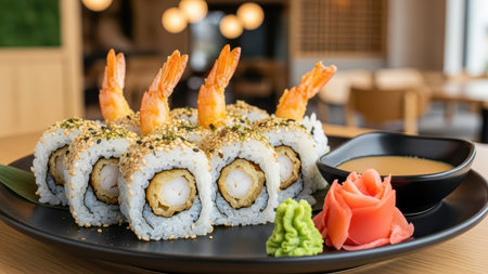 Shrimp tempura sushi roll with wasabi and pickled ginger in modern restaurant setting.の素材