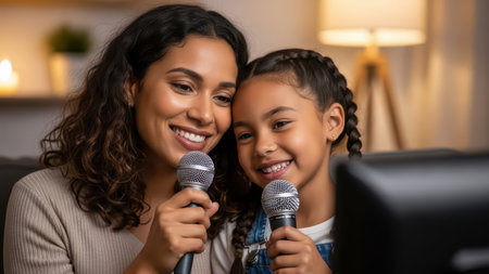Mother and daughter singing karaoke at home with microphones in cozy living room.の素材