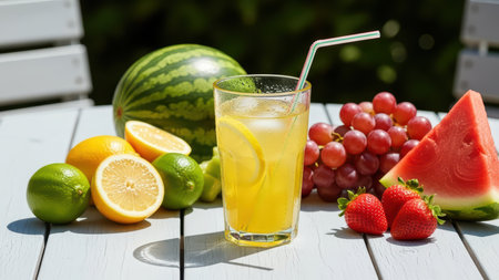 Refreshing summer drink with lemon and ice surrounded by fresh fruits on sunny table.の素材