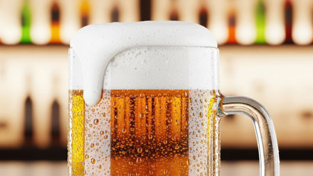Close-up of a frosty beer mug with foam overflowing at a bar.の素材