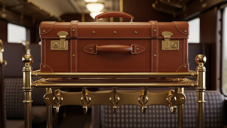 Luxurious brown leather suitcase on vintage train luggage rack.の素材
