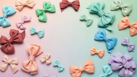 Variety of colorful pastel bows arranged on gradient background.の素材