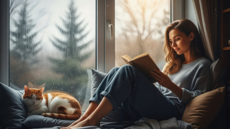 Young caucasian woman reading by window with cat on a rainy day.の素材