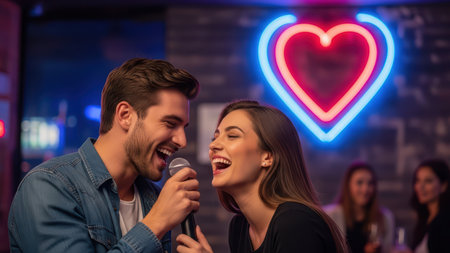 Young caucasian couple singing karaoke in romantic neon heart bar setting.の素材