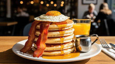 Stack of pancakes with bacon and fried egg drizzled in syrup.の素材