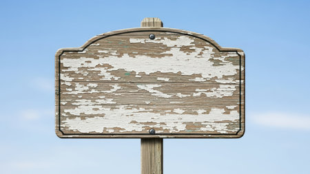 Aged wooden sign with peeling paint against clear blue sky.の素材