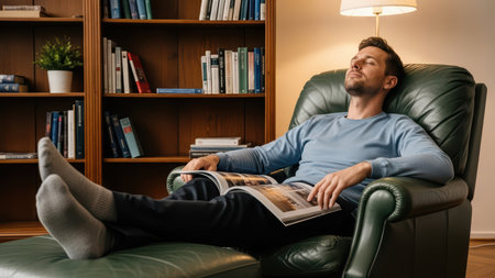 Young caucasian man relaxing on armchair in cozy living room.の素材