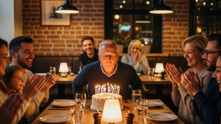 Elderly caucasian male celebrating birthday with family in warm restaurant setting.の素材