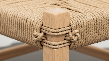 Detail of a craftsman woven rope stool with wooden frame.の素材
