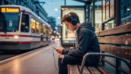 Young caucasian male with headphones at tram station using smartphone.の素材