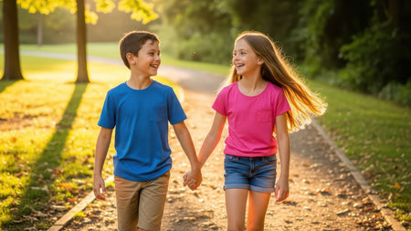 Young caucasian boy and girl holding hands on sunlit park path.の素材