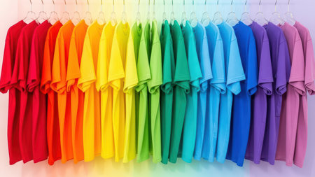Colorful rainbow t-shirts: vibrant row of hanging garments in spectrum order.の素材