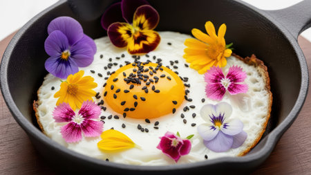 Artful fried egg with edible flowers and sesame seeds in cast iron skillet.の素材